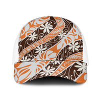 Puatou Tahiti Tiare Monstera Baseball Net Cap Polynesian Pattern Curve Style LT01 One Size White Orange - Polynesian Pride