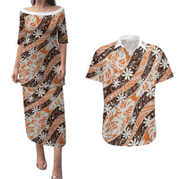 Puatou Tahiti Tiare Monstera Couples Matching Puletasi and Hawaiian Shirt Polynesian Pattern Curve Style LT01 Orange - Polynesian Pride
