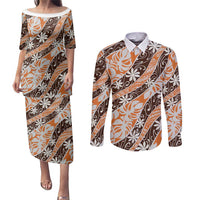 Puatou Tahiti Tiare Monstera Couples Matching Puletasi and Long Sleeve Button Shirt Polynesian Pattern Curve Style LT01 Orange - Polynesian Pride