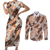 Puatou Tahiti Tiare Monstera Couples Matching Short Sleeve Bodycon Dress and Long Sleeve Button Shirt Polynesian Pattern Curve Style - Polynesian Pride