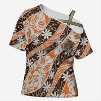 Puatou Tahiti Tiare Monstera Cross Shoulder Shirt Polynesian Pattern Curve Style LT01 Female Orange - Polynesian Pride