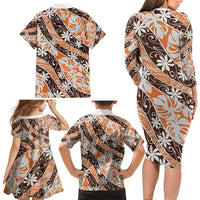 Puatou Tahiti Tiare Monstera Family Matching Long Sleeve Bodycon Dress and Hawaiian Shirt Polynesian Pattern Curve Style - Polynesian Pride