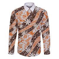 Puatou Tahiti Tiare Monstera Family Matching Puletasi and Hawaiian Shirt Polynesian Pattern Curve Style LT01 Dad's Shirt - Long Sleeve Orange - Polynesian Pride