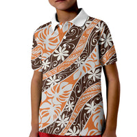 Puatou Tahiti Tiare Monstera Kid Polo Shirt Polynesian Pattern Curve Style LT01 Kid Orange - Polynesian Pride