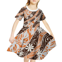 Puatou Tahiti Tiare Monstera Kid Short Sleeve Dress Polynesian Pattern Curve Style LT01 - Polynesian Pride