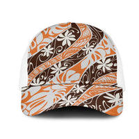 Puatou Tahiti Tiare Monstera Mesh Trucker Cap Polynesian Pattern Curve Style LT01 One Size White Orange - Polynesian Pride