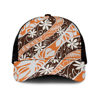 Puatou Tahiti Tiare Monstera Mesh Trucker Cap Polynesian Pattern Curve Style LT01 One Size Black Orange - Polynesian Pride