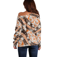 Puatou Tahiti Tiare Monstera Off Shoulder Sweater Polynesian Pattern Curve Style - Polynesian Pride
