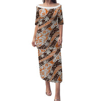 Puatou Tahiti Tiare Monstera Puletasi Polynesian Pattern Curve Style LT01 Long Dress Orange - Polynesian Pride