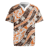 Puatou Tahiti Tiare Monstera Rugby Jersey Polynesian Pattern Curve Style LT01 Orange - Polynesian Pride