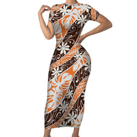 Puatou Tahiti Tiare Monstera Short Sleeve Bodycon Dress Polynesian Pattern Curve Style LT01 Long Dress Orange - Polynesian Pride