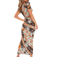 Puatou Tahiti Tiare Monstera Short Sleeve Bodycon Dress Polynesian Pattern Curve Style LT01 - Polynesian Pride