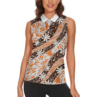 Puatou Tahiti Tiare Monstera Women Sleeveless Polo Shirt Polynesian Pattern Curve Style - Polynesian Pride