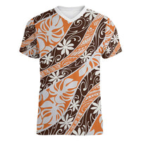 Puatou Tahiti Tiare Monstera Women V-Neck T-Shirt Polynesian Pattern Curve Style - Polynesian Pride