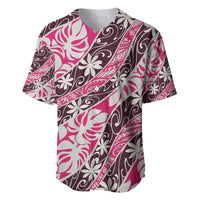 Tarona Tahiti Tiare Monstera Baseball Jersey Polynesian Pattern Curve Style LT01 Pink - Polynesian Pride