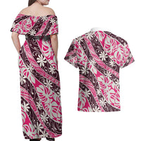 Tarona Tahiti Tiare Monstera Couples Matching Off Shoulder Maxi Dress and Hawaiian Shirt Polynesian Pattern Curve Style LT01 - Polynesian Pride