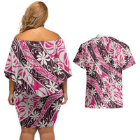 Tarona Tahiti Tiare Monstera Couples Matching Off Shoulder Short Dress and Hawaiian Shirt Polynesian Pattern Curve Style LT01 - Polynesian Pride