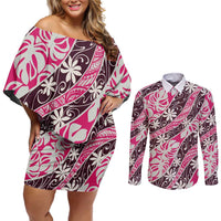 Tarona Tahiti Tiare Monstera Couples Matching Off Shoulder Short Dress and Long Sleeve Button Shirt Polynesian Pattern Curve Style - Polynesian Pride