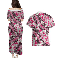 Tarona Tahiti Tiare Monstera Couples Matching Puletasi and Hawaiian Shirt Polynesian Pattern Curve Style - Polynesian Pride