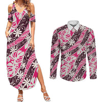 Tarona Tahiti Tiare Monstera Couples Matching Summer Maxi Dress and Long Sleeve Button Shirt Polynesian Pattern Curve Style LT01 Pink - Polynesian Pride