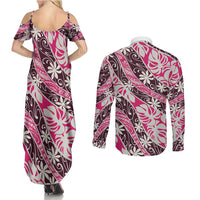 Tarona Tahiti Tiare Monstera Couples Matching Summer Maxi Dress and Long Sleeve Button Shirt Polynesian Pattern Curve Style LT01 - Polynesian Pride
