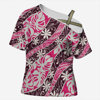 Tarona Tahiti Tiare Monstera Cross Shoulder Shirt Polynesian Pattern Curve Style LT01 Female Pink - Polynesian Pride