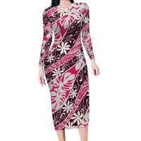 Tarona Tahiti Tiare Monstera Family Matching Long Sleeve Bodycon Dress and Hawaiian Shirt Polynesian Pattern Curve Style - Polynesian Pride