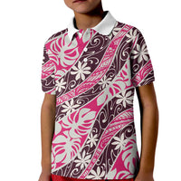 Tarona Tahiti Tiare Monstera Kid Polo Shirt Polynesian Pattern Curve Style LT01 Kid Pink - Polynesian Pride