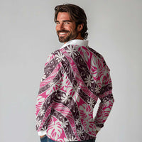 Tarona Tahiti Tiare Monstera Long Sleeve Polo Shirt Polynesian Pattern Curve Style - Polynesian Pride