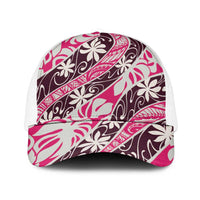 Tarona Tahiti Tiare Monstera Mesh Trucker Cap Polynesian Pattern Curve Style LT01 One Size White Pink - Polynesian Pride