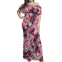 Tarona Tahiti Tiare Monstera Off Shoulder Maxi Dress Polynesian Pattern Curve Style - Polynesian Pride