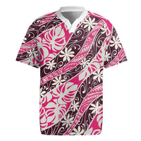 Tarona Tahiti Tiare Monstera Rugby Jersey Polynesian Pattern Curve Style LT01 Pink - Polynesian Pride