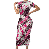 Tarona Tahiti Tiare Monstera Short Sleeve Bodycon Dress Polynesian Pattern Curve Style LT01 Long Dress Pink - Polynesian Pride