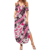 Tarona Tahiti Tiare Monstera Summer Maxi Dress Polynesian Pattern Curve Style LT01 Women Pink - Polynesian Pride