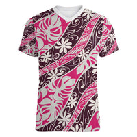 Tarona Tahiti Tiare Monstera Women V-Neck T-Shirt Polynesian Pattern Curve Style LT01 Female Pink - Polynesian Pride