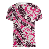 Tarona Tahiti Tiare Monstera Women V-Neck T-Shirt Polynesian Pattern Curve Style - Polynesian Pride