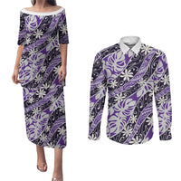 Vareau Tahiti Tiare Monstera Couples Matching Puletasi and Long Sleeve Button Shirt Polynesian Pattern Curve Style LT01 Purple - Polynesian Pride