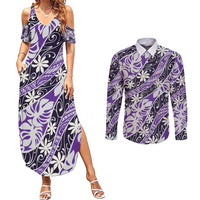 Vareau Tahiti Tiare Monstera Couples Matching Summer Maxi Dress and Long Sleeve Button Shirt Polynesian Pattern Curve Style - Polynesian Pride