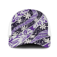 Vareau Tahiti Tiare Monstera Mesh Trucker Cap Polynesian Pattern Curve Style LT01 One Size White Purple - Polynesian Pride