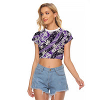 Vareau Tahiti Tiare Monstera Raglan Cropped T Shirt Polynesian Pattern Curve Style LT01 Female Purple - Polynesian Pride