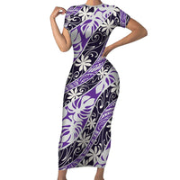 Vareau Tahiti Tiare Monstera Short Sleeve Bodycon Dress Polynesian Pattern Curve Style LT01 Long Dress Purple - Polynesian Pride
