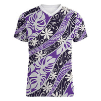Vareau Tahiti Tiare Monstera Women V-Neck T-Shirt Polynesian Pattern Curve Style LT01 Female Purple - Polynesian Pride