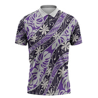 Vareau Tahiti Tiare Monstera Zipper Polo Shirt Polynesian Pattern Curve Style LT01 Purple - Polynesian Pride