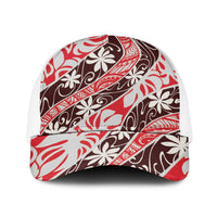 Uteute Tahiti Tiare Monstera Baseball Net Cap Polynesian Pattern Curve Style LT01 One Size White Red - Polynesian Pride