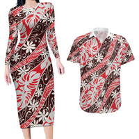 Uteute Tahiti Tiare Monstera Couples Matching Long Sleeve Bodycon Dress and Hawaiian Shirt Polynesian Pattern Curve Style LT01 Red - Polynesian Pride