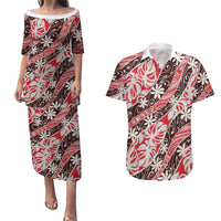 Uteute Tahiti Tiare Monstera Couples Matching Puletasi and Hawaiian Shirt Polynesian Pattern Curve Style LT01 Red - Polynesian Pride