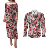 Uteute Tahiti Tiare Monstera Couples Matching Puletasi and Long Sleeve Button Shirt Polynesian Pattern Curve Style LT01 Red - Polynesian Pride