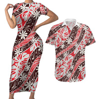 Uteute Tahiti Tiare Monstera Couples Matching Short Sleeve Bodycon Dress and Hawaiian Shirt Polynesian Pattern Curve Style LT01 Red - Polynesian Pride