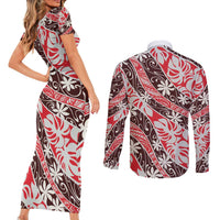 Uteute Tahiti Tiare Monstera Couples Matching Short Sleeve Bodycon Dress and Long Sleeve Button Shirt Polynesian Pattern Curve Style LT01 - Polynesian Pride