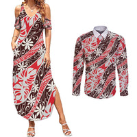 Uteute Tahiti Tiare Monstera Couples Matching Summer Maxi Dress and Long Sleeve Button Shirt Polynesian Pattern Curve Style LT01 Red - Polynesian Pride